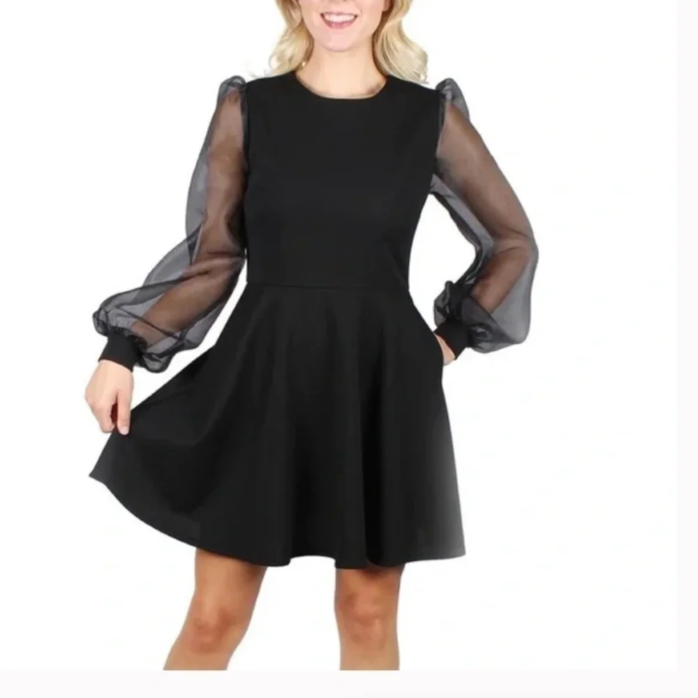 Crystal Doll Black Illusion sheer sleeve dress, Small. L904 - Picture 1 of 5